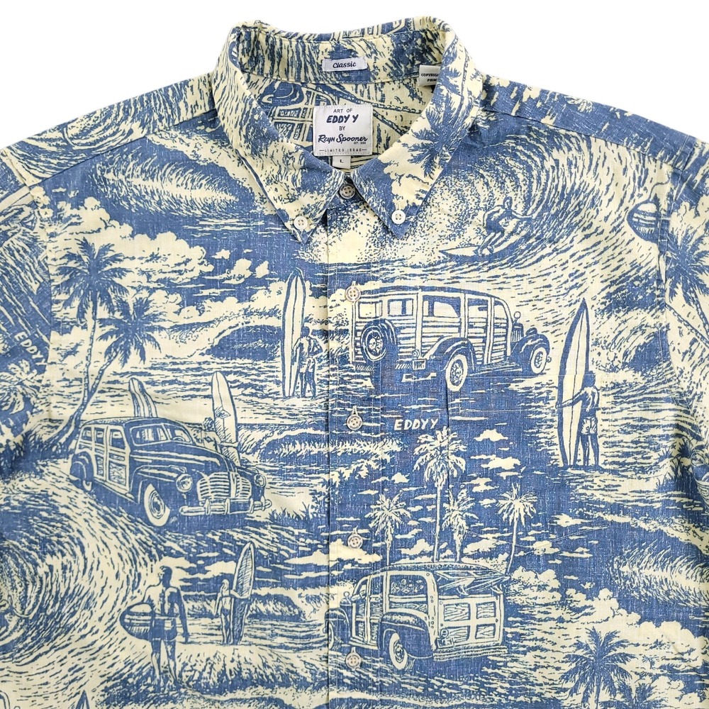 Reyn Spooner Shirt Mens L Blue Yellow Eddie Y Woodies N Waves Reverse Print